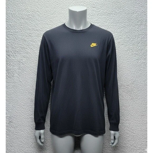 Men's M Nike The Nike Tee Black L/S T-Shirt Yellow Swoosh Blue Camo Back Graphi - Picture 1 of 12